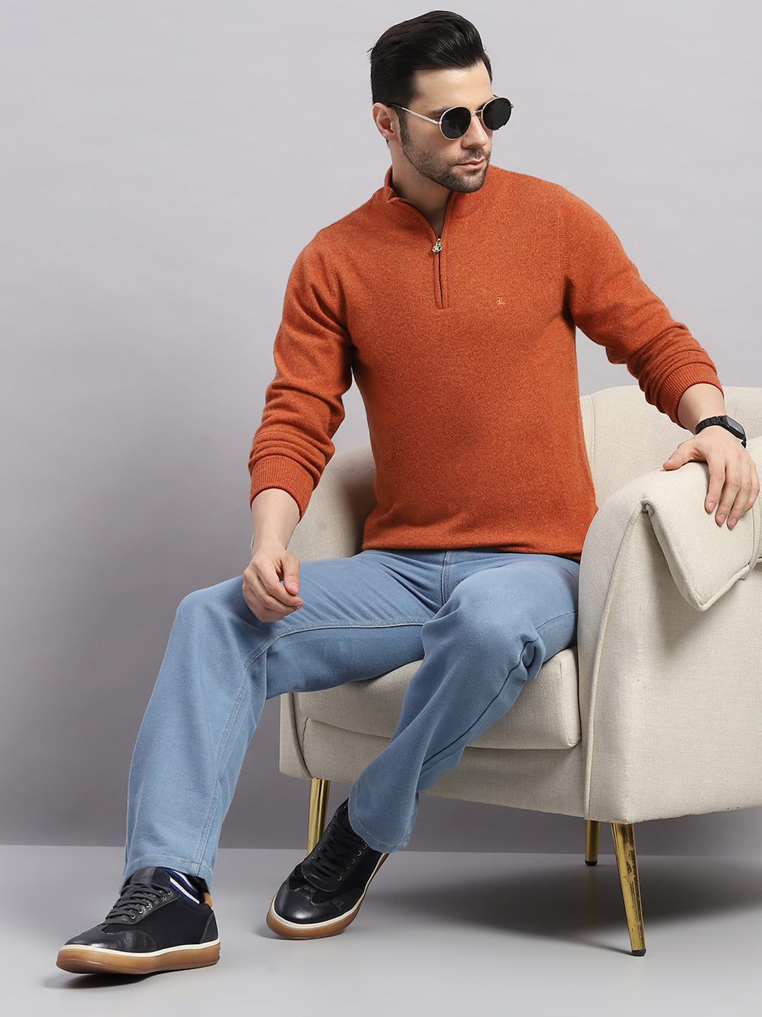 Luxuria Men Rust Solid Collar Full Sleeve Pullover