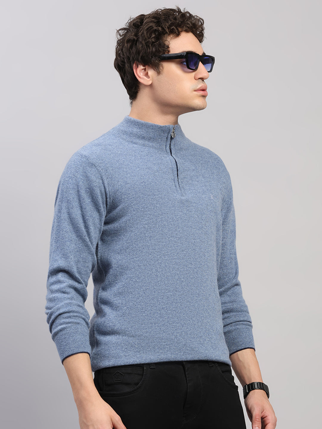 Luxuria Men Blue Solid Collar Full Sleeve Pullover