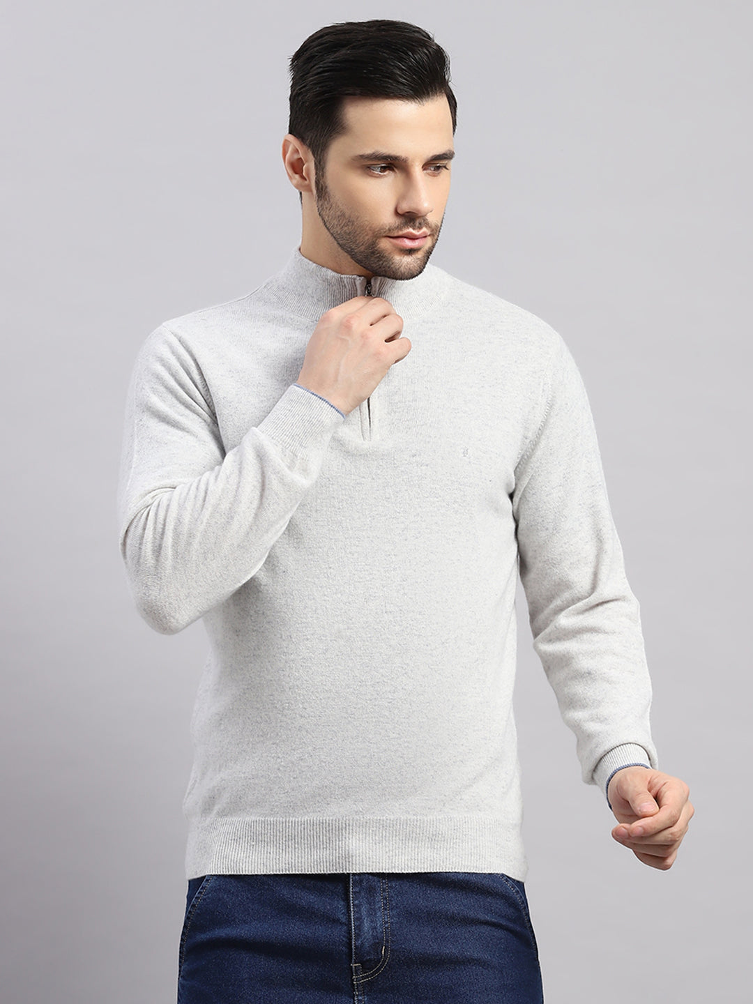 Luxuria Men Light Grey Solid Collar Full Sleeve Pullover
