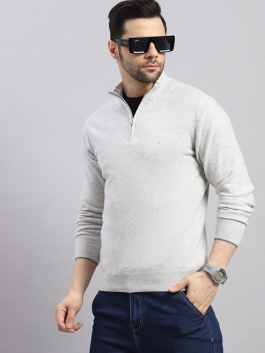 Luxuria Men Light Grey Solid Collar Full Sleeve Pullover