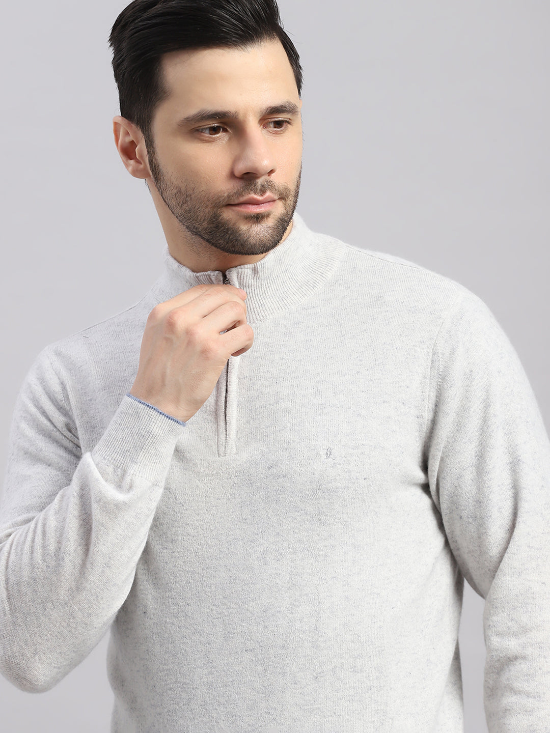 Luxuria Men Light Grey Solid Collar Full Sleeve Pullover