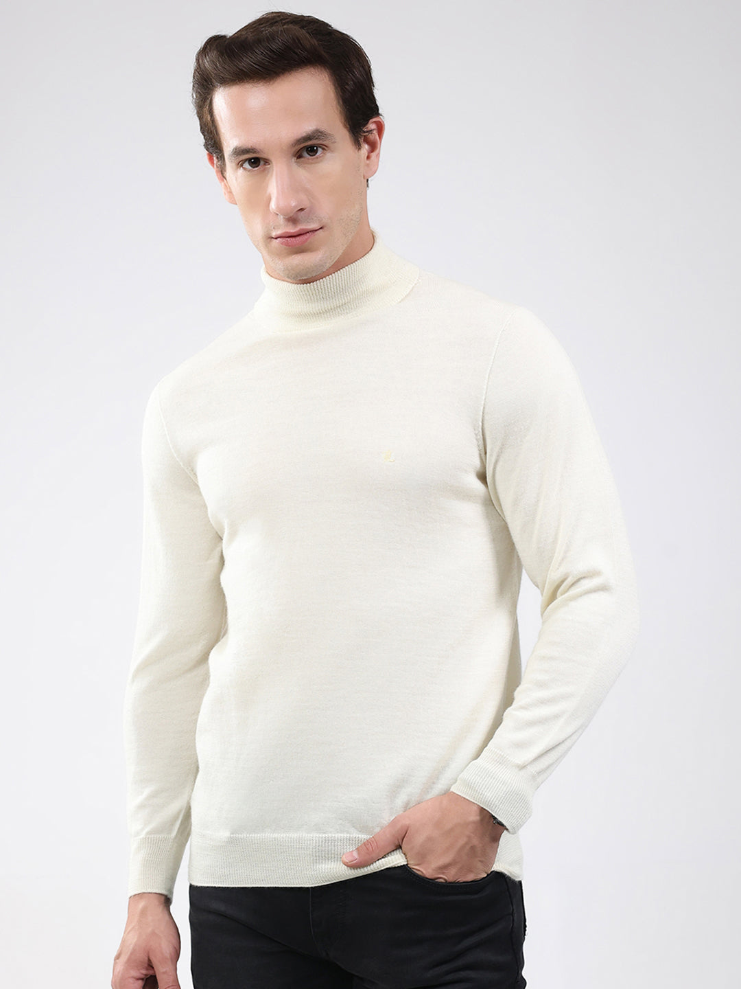 Buy Luxuria Men Off White Solid High Neck Full Sleeve Pullover