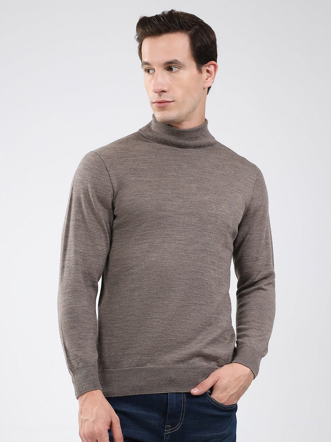Luxuria Men Brown Solid High Neck Full Sleeve Pullover