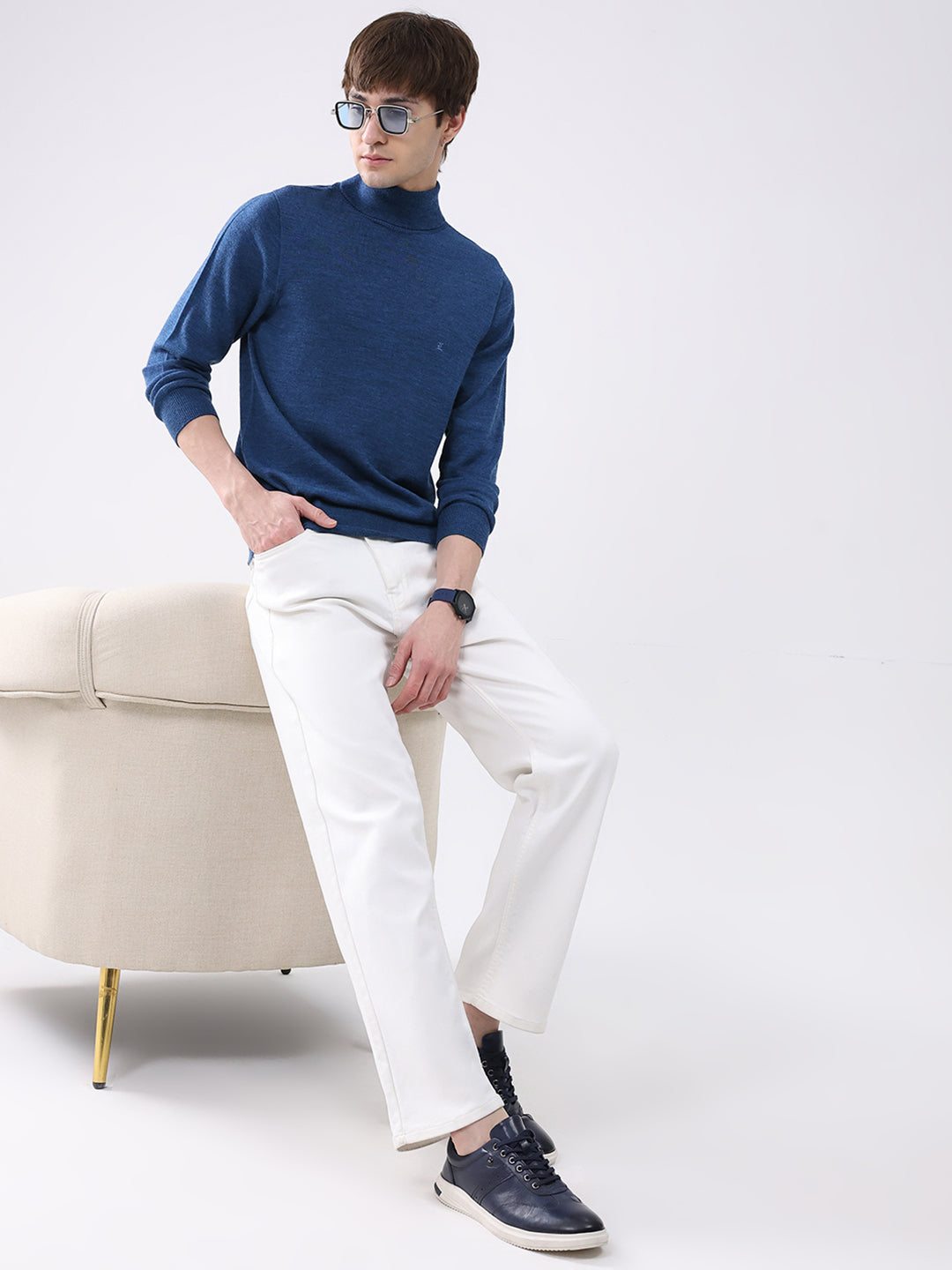 Luxuria Men Blue Solid High Neck Full Sleeve Pullover