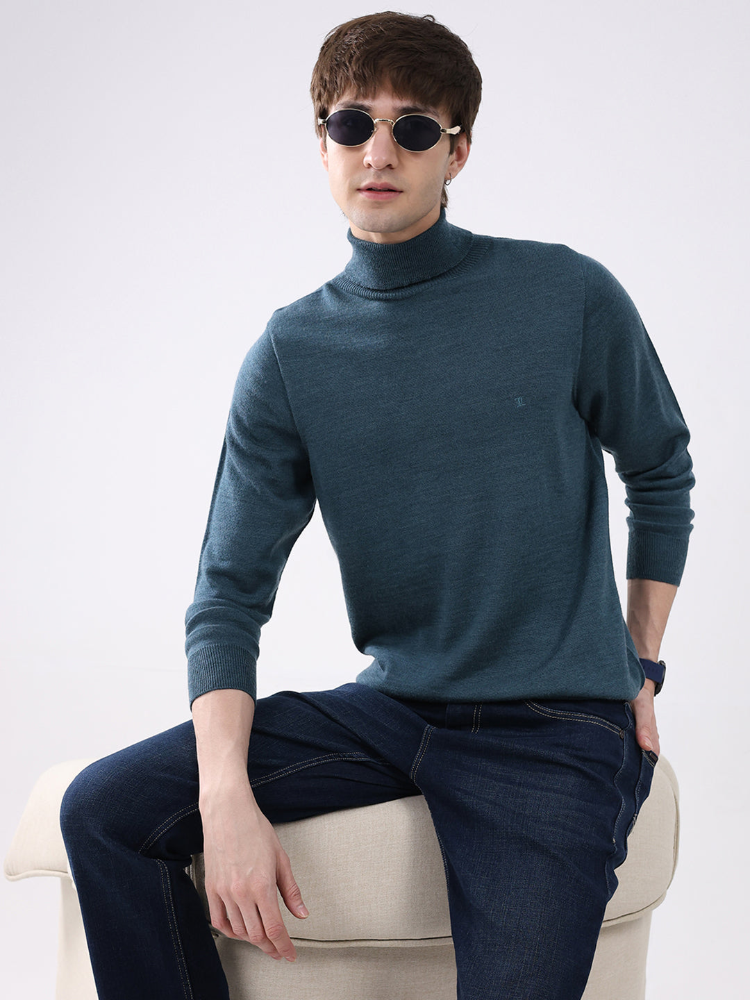 Luxuria Men Teal Blue Solid High Neck Full Sleeve Pullover