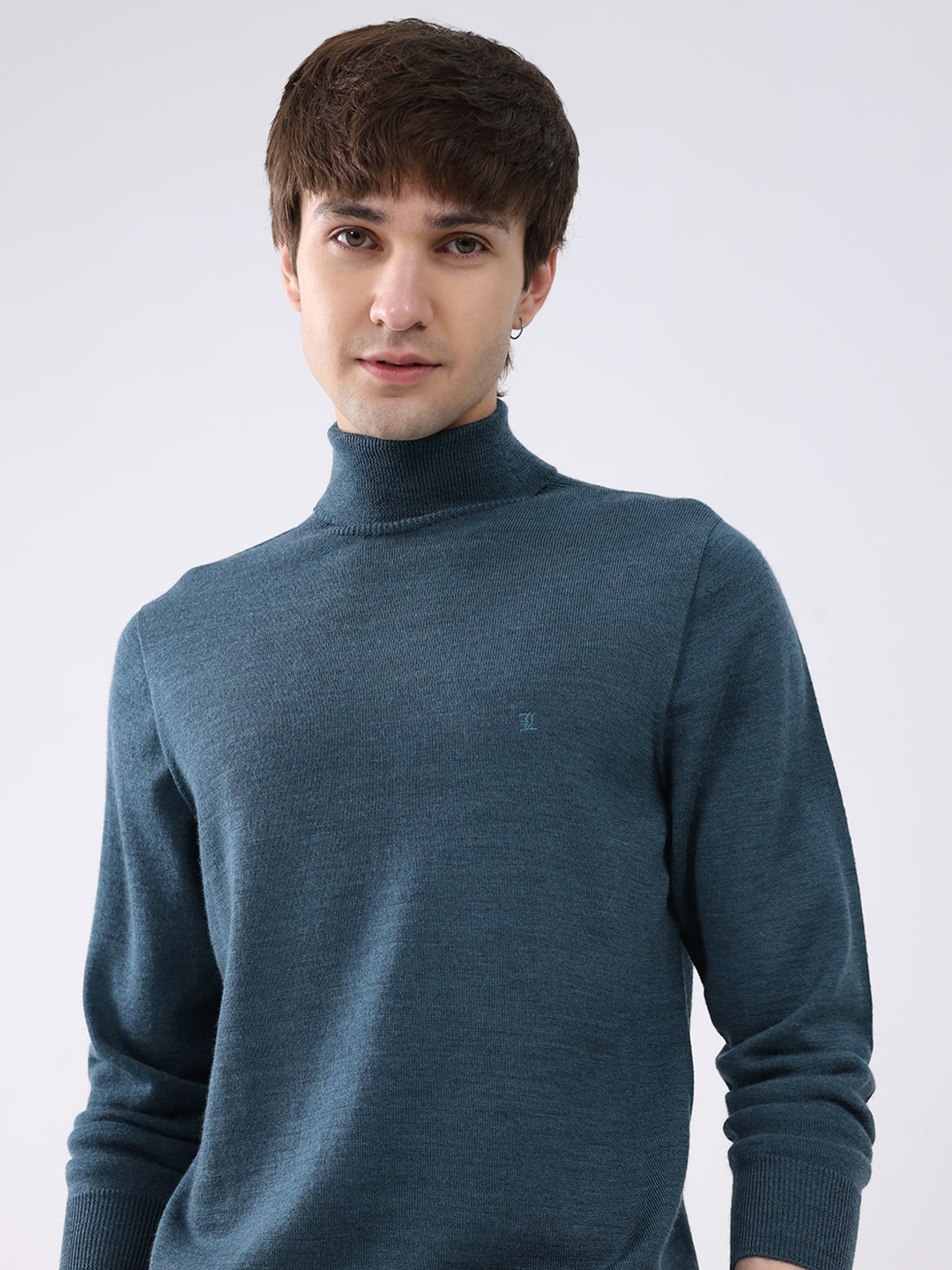 Luxuria Men Teal Blue Solid High Neck Full Sleeve Pullover