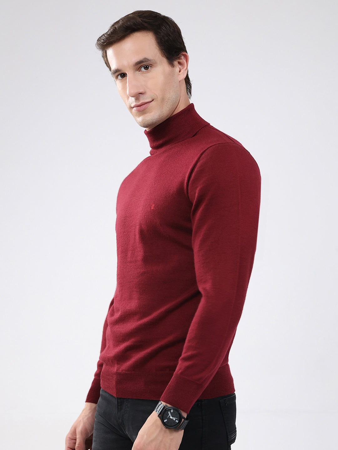 Luxuria Men Maroon Solid High Neck Full Sleeve Pullover