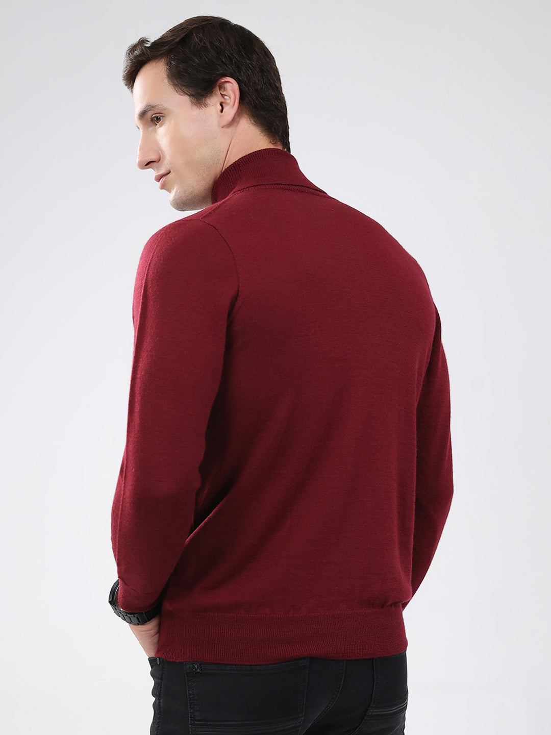 Luxuria Men Maroon Solid High Neck Full Sleeve Pullover