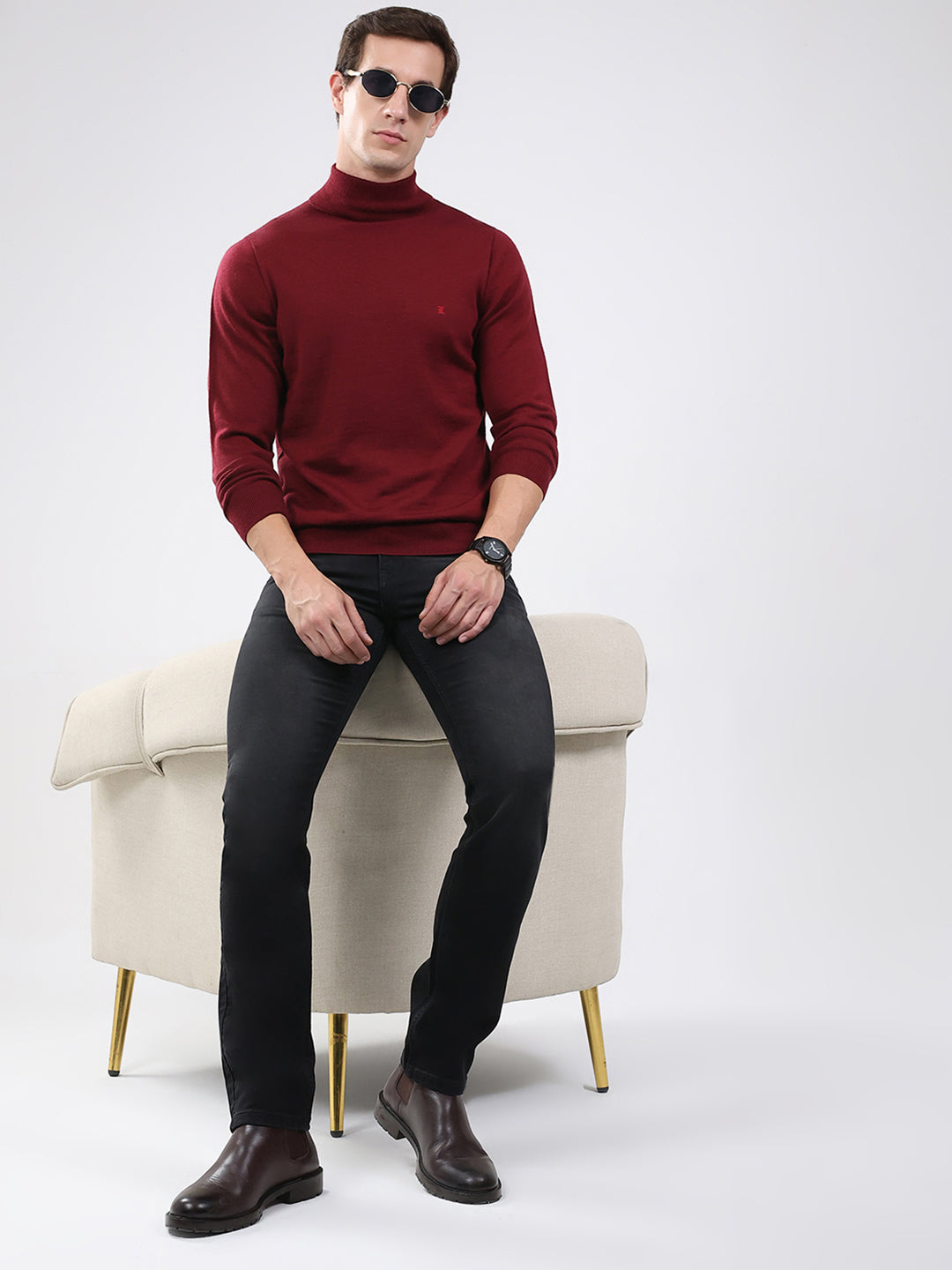 Luxuria Men Maroon Solid High Neck Full Sleeve Pullover