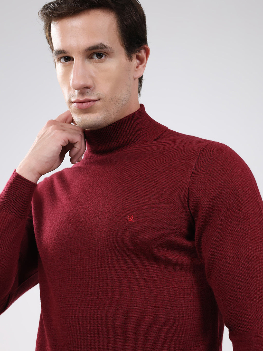 Luxuria Men Maroon Solid High Neck Full Sleeve Pullover