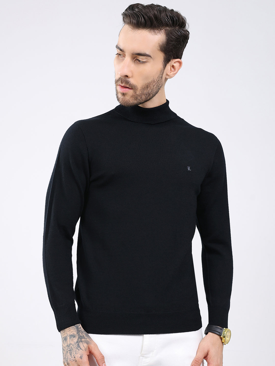 Luxuria Men Black Solid High Neck Full Sleeve Pullover