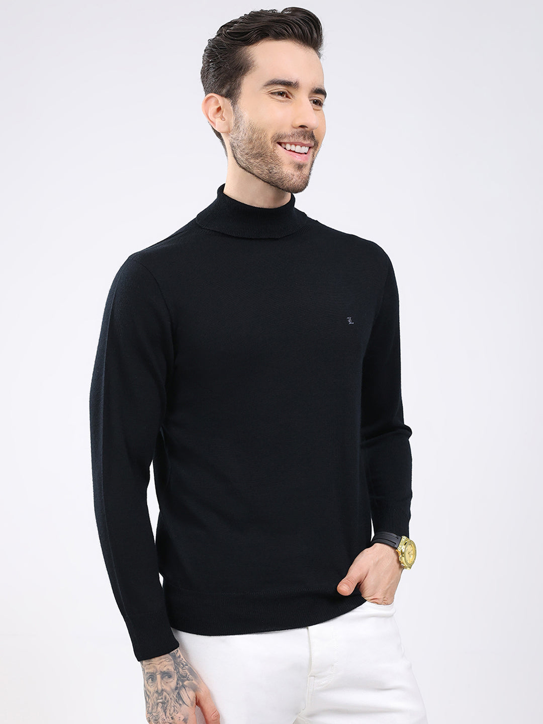 Luxuria Men Black Solid High Neck Full Sleeve Pullover