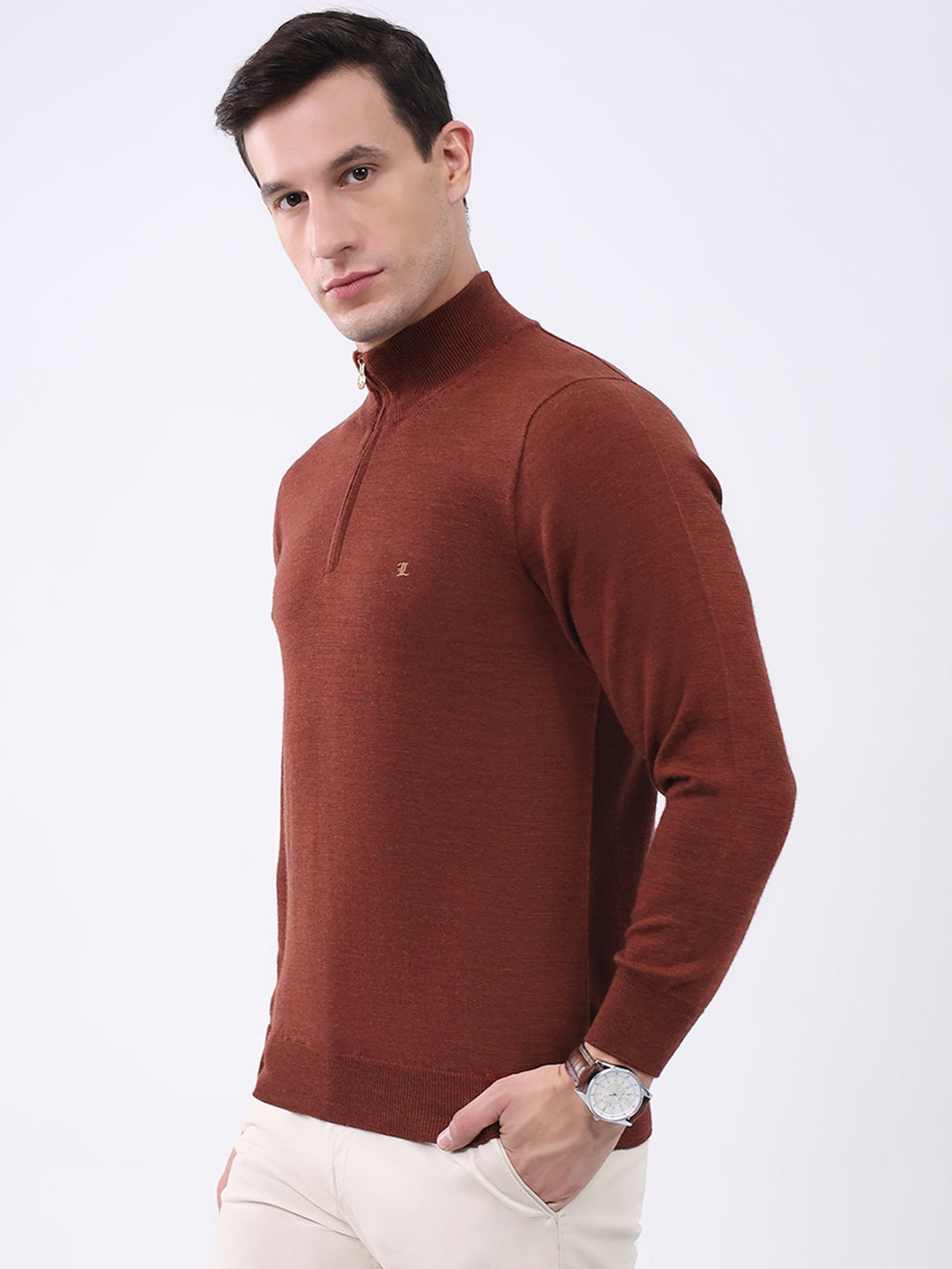 Luxuria Men Rust Solid Mock Neck Full Sleeve Pullover