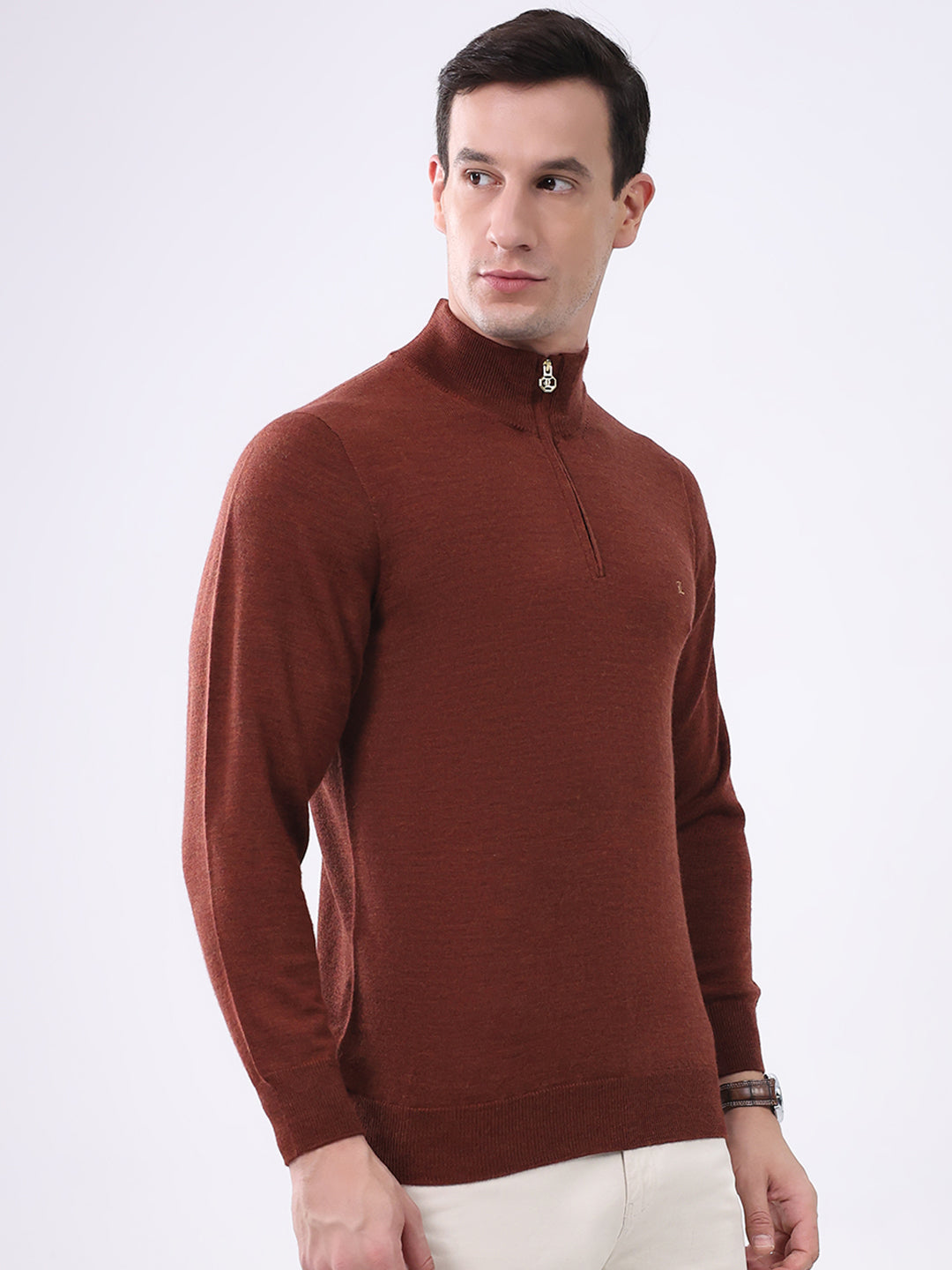 Luxuria Men Rust Solid Mock Neck Full Sleeve Pullover