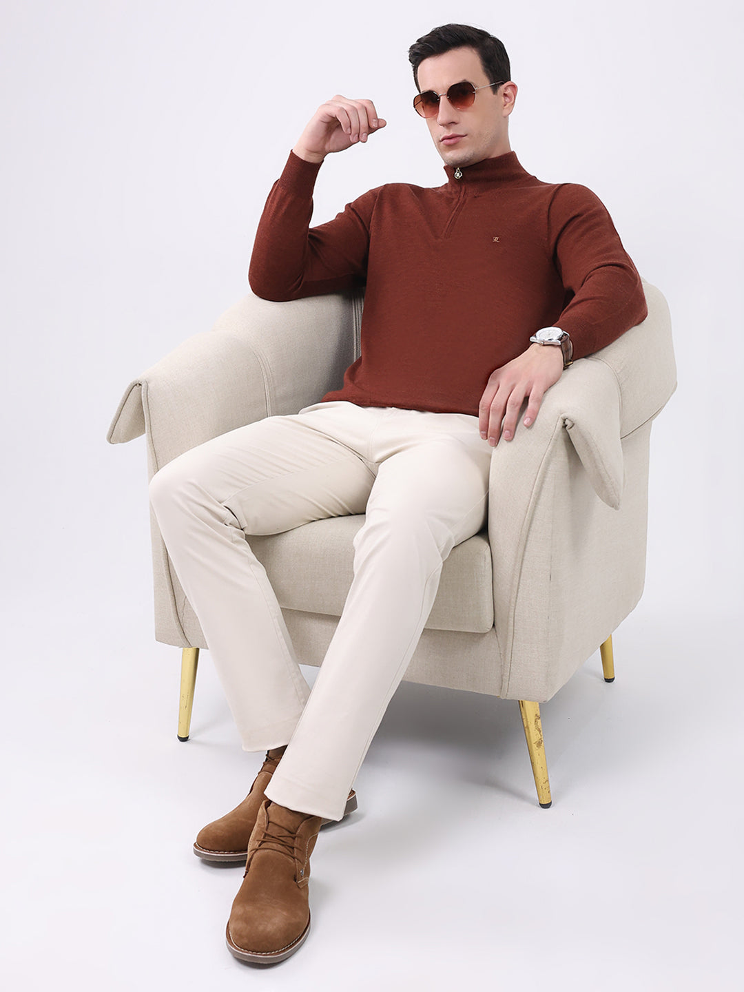 Luxuria Men Rust Solid Mock Neck Full Sleeve Pullover