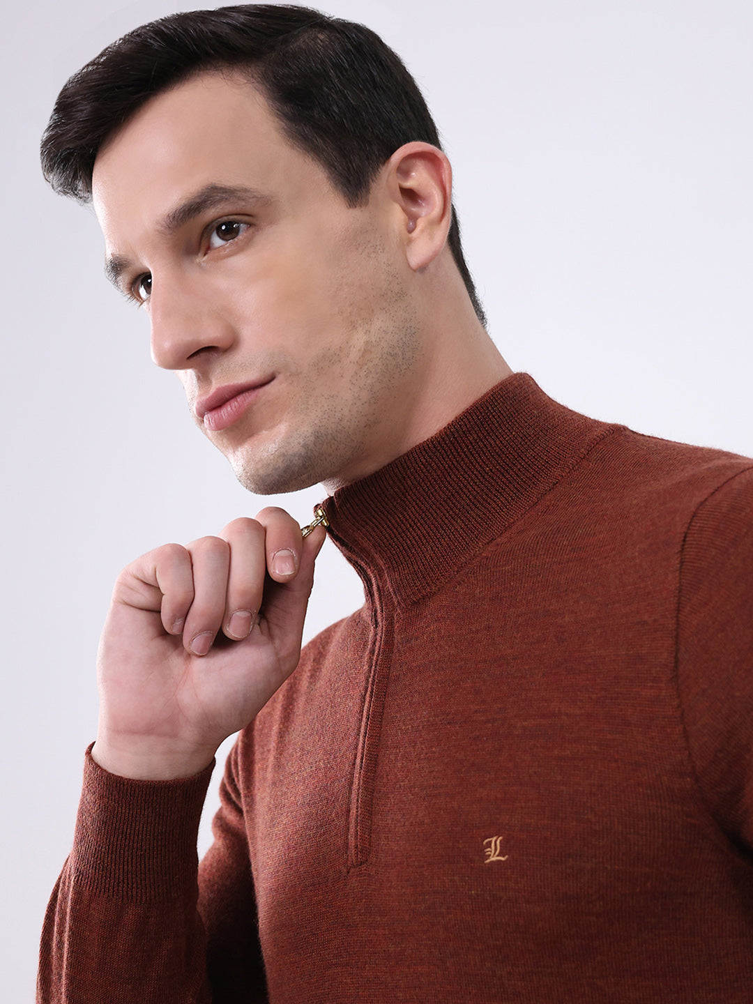 Luxuria Men Rust Solid Mock Neck Full Sleeve Pullover