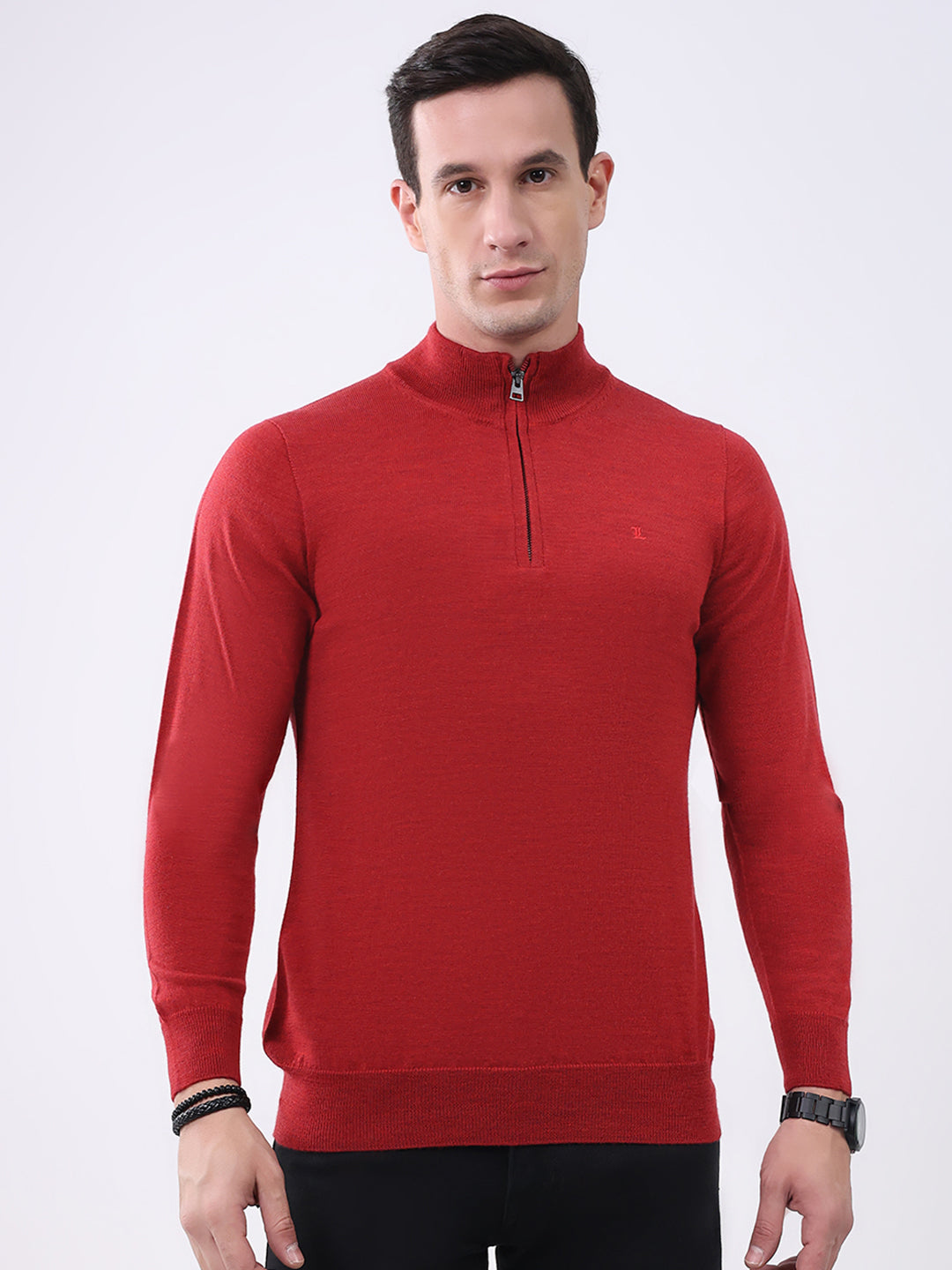 Luxuria Men Maroon Solid Mock Neck Full Sleeve Pullover
