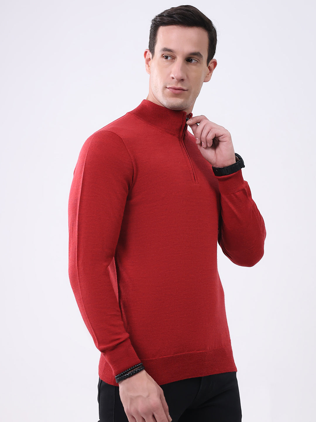 Luxuria Men Maroon Solid Mock Neck Full Sleeve Pullover