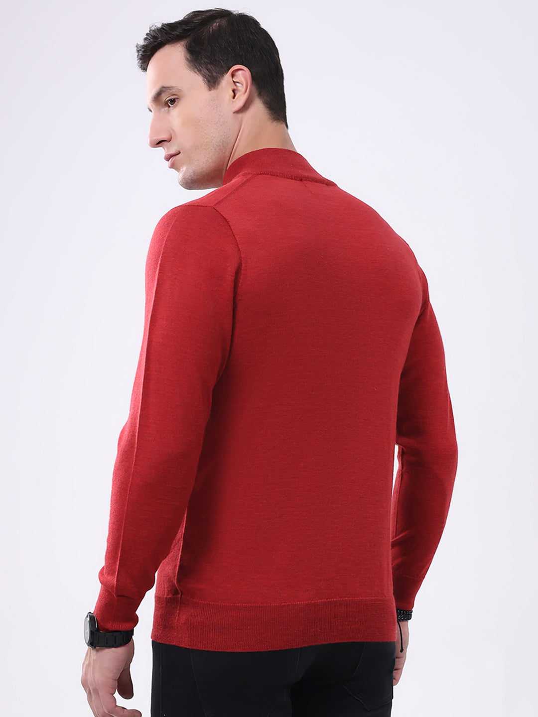 Luxuria Men Maroon Solid Mock Neck Full Sleeve Pullover