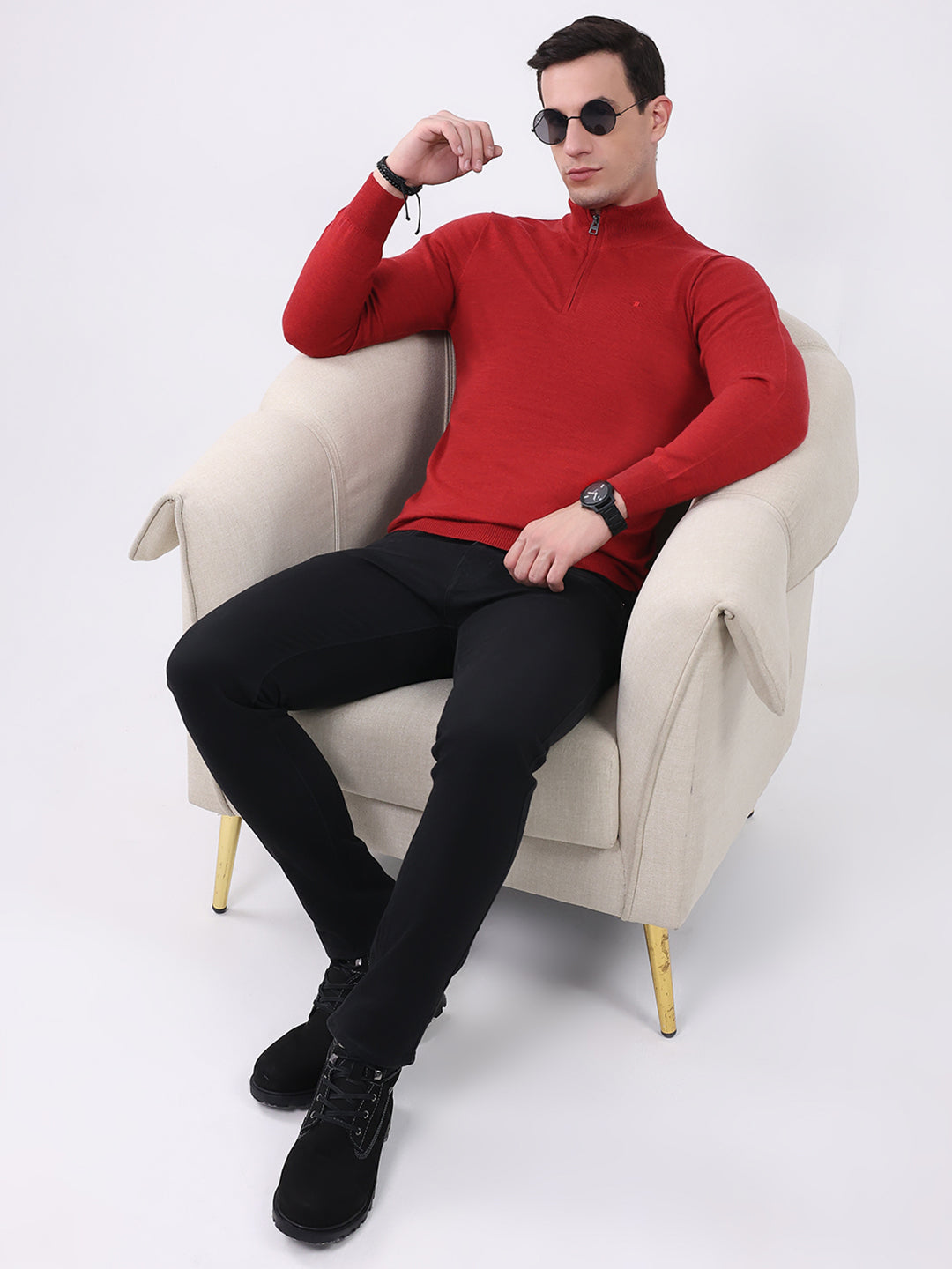 Luxuria Men Maroon Solid Mock Neck Full Sleeve Pullover
