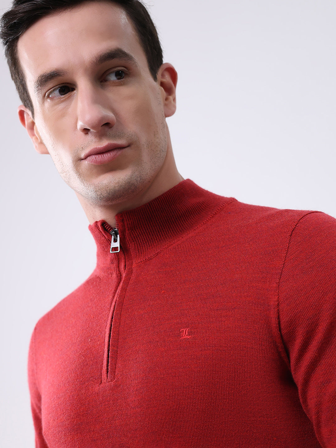 Luxuria Men Maroon Solid Mock Neck Full Sleeve Pullover