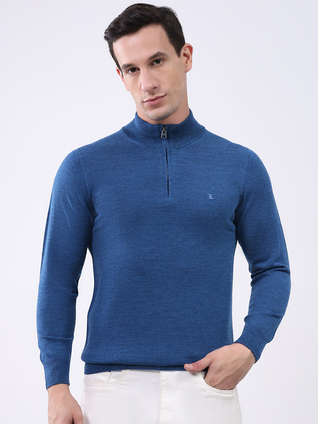 Luxuria Men Blue Solid Mock Neck Full Sleeve Pullover