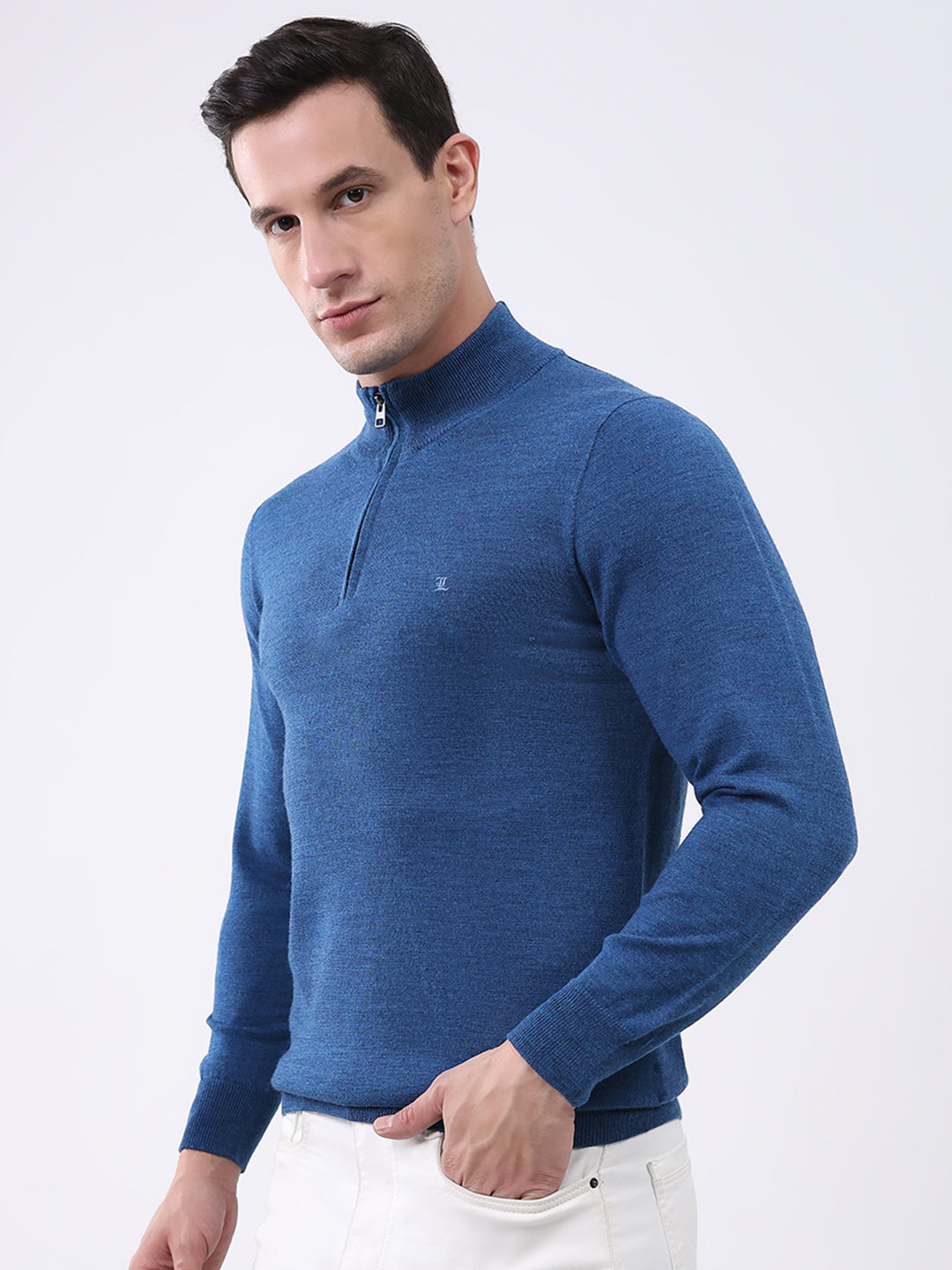 Luxuria Men Blue Solid Mock Neck Full Sleeve Pullover