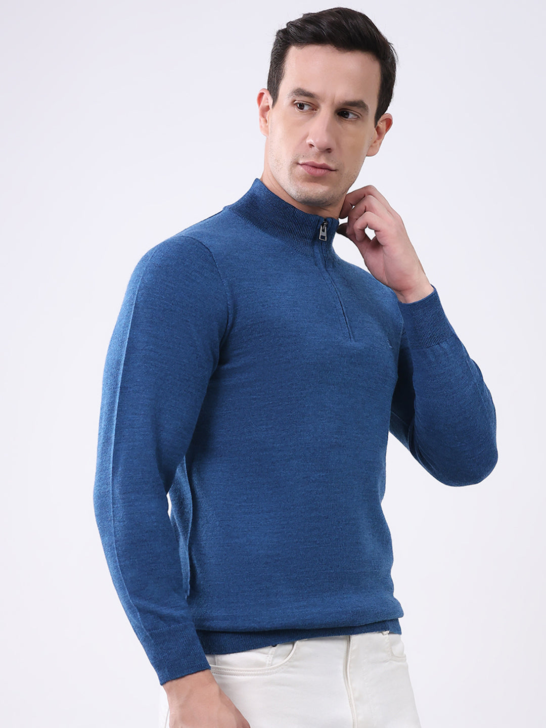 Luxuria Men Blue Solid Mock Neck Full Sleeve Pullover