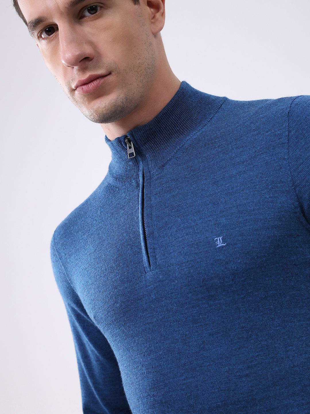 Luxuria Men Blue Solid Mock Neck Full Sleeve Pullover