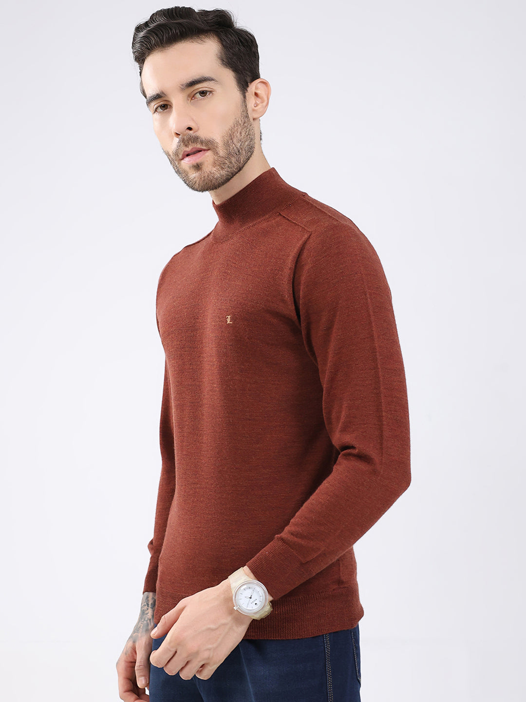 Luxuria Men Rust Solid High Neck Full Sleeve Pullover