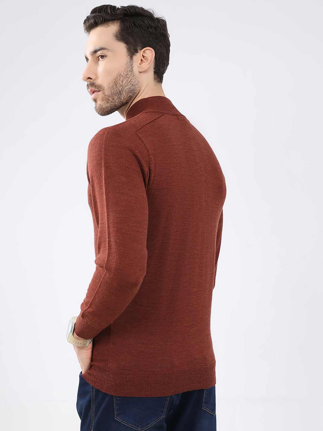 Luxuria Men Rust Solid High Neck Full Sleeve Pullover