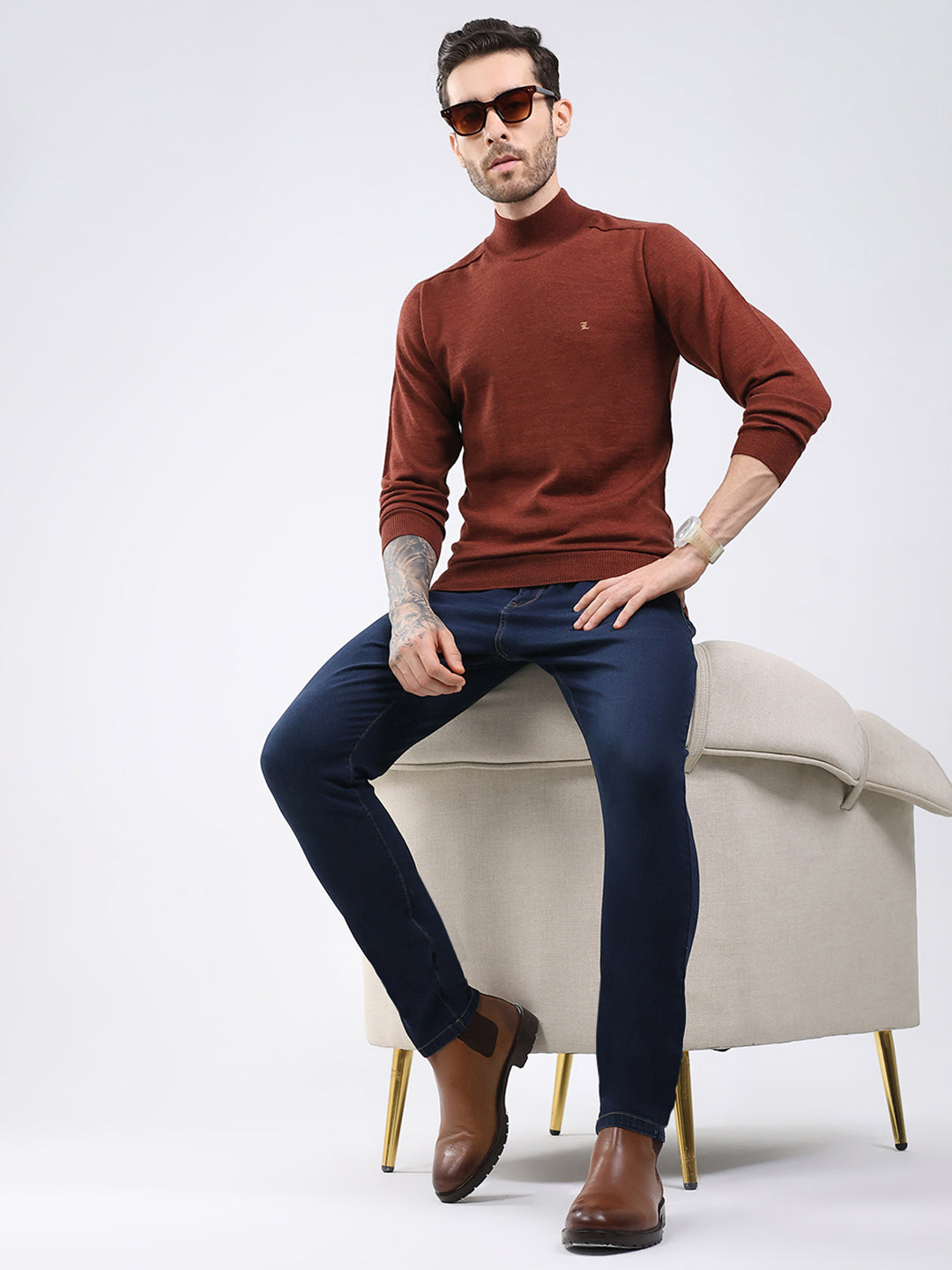 Luxuria Men Rust Solid High Neck Full Sleeve Pullover