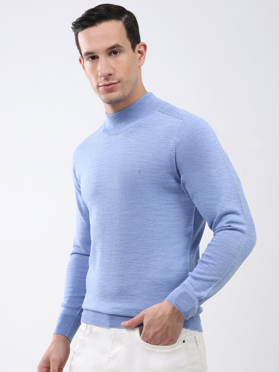 Luxuria Men Blue Solid Mock Neck Full Sleeve Pullover
