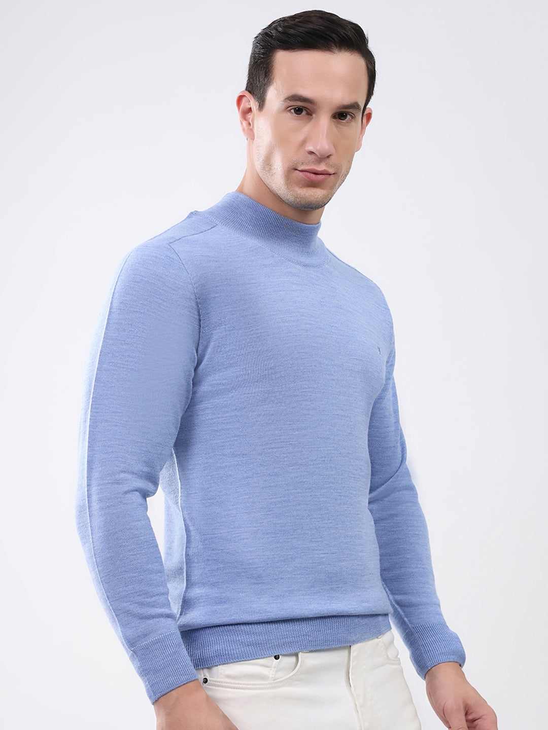 Luxuria Men Blue Solid Mock Neck Full Sleeve Pullover