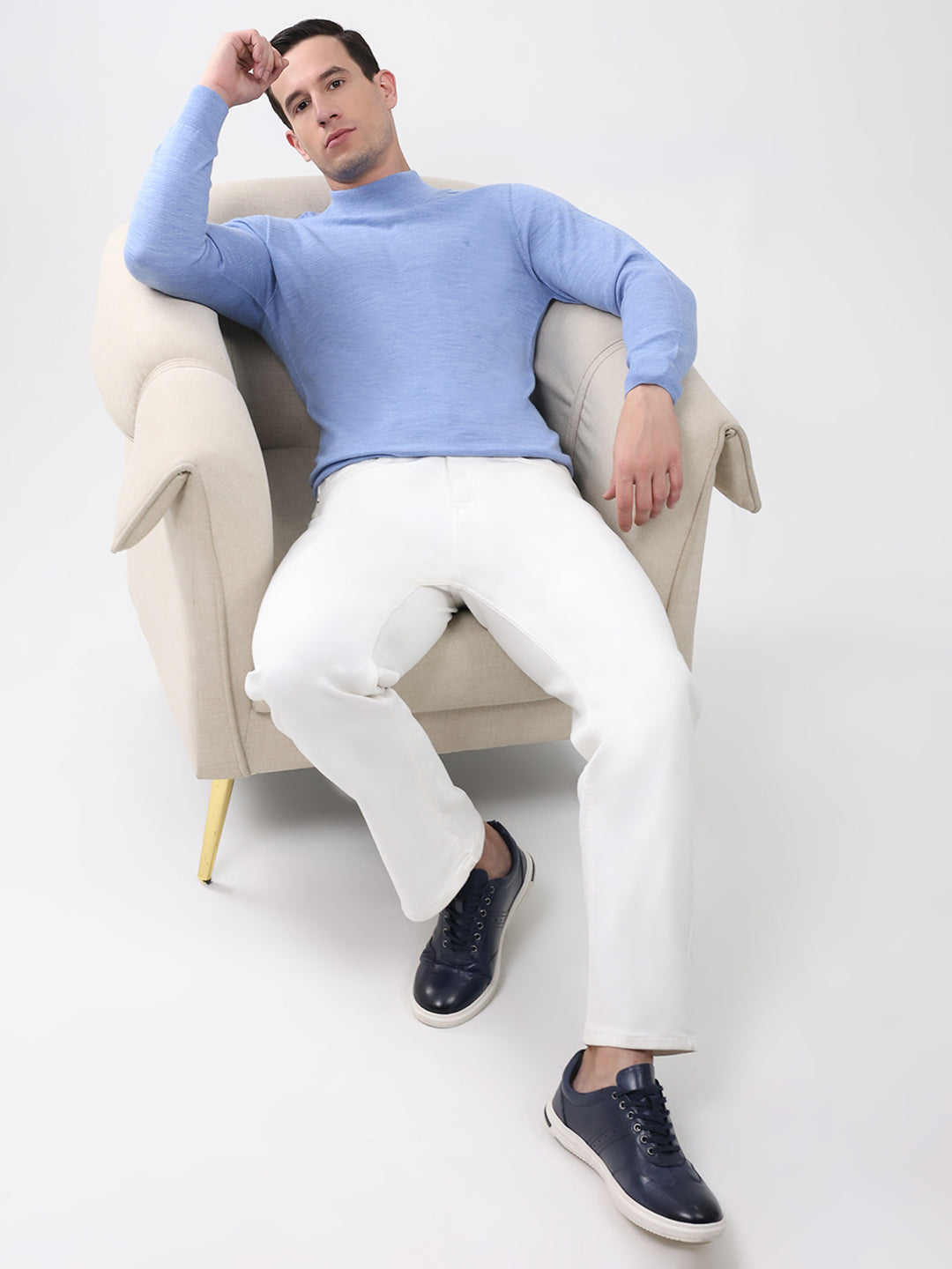 Luxuria Men Blue Solid Mock Neck Full Sleeve Pullover