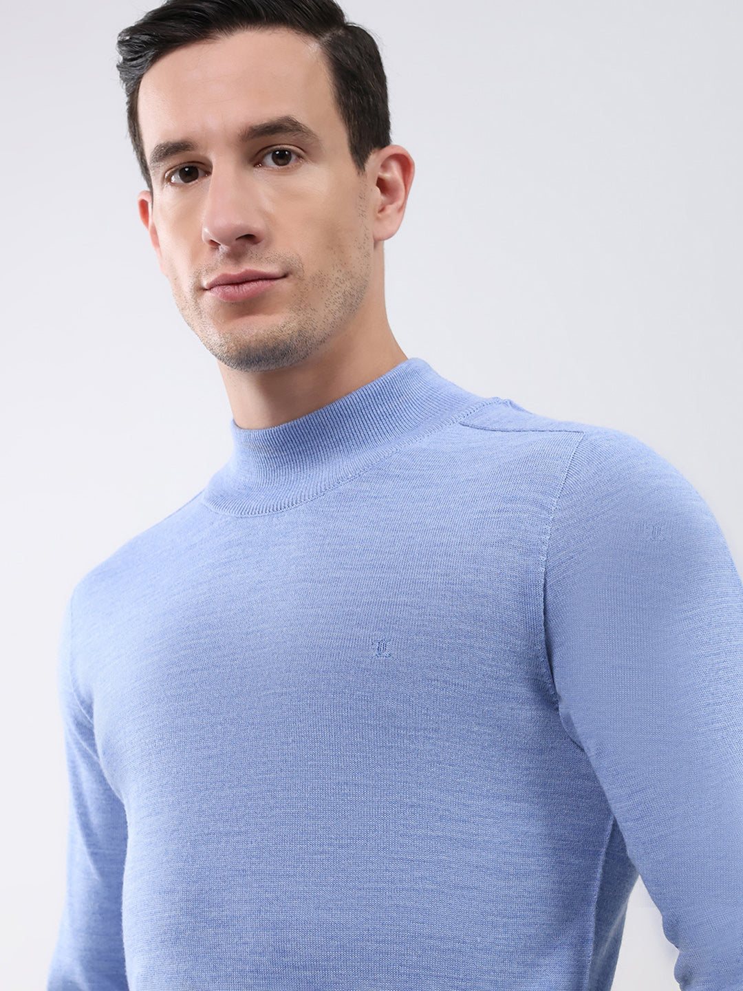 Luxuria Men Blue Solid Mock Neck Full Sleeve Pullover