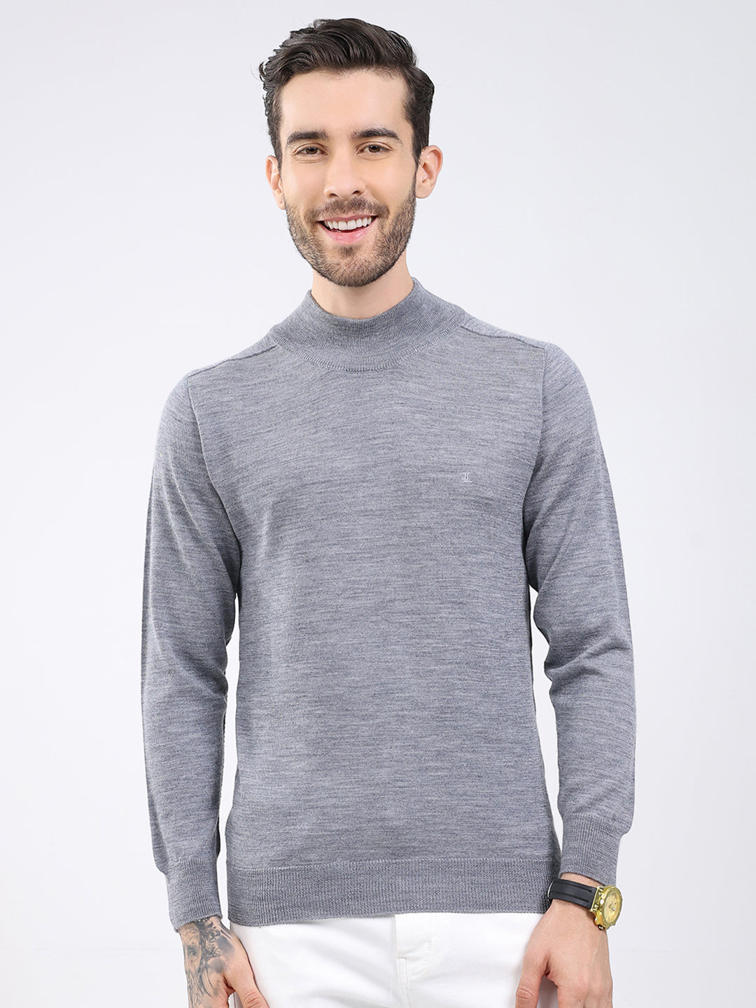 Luxuria Men Grey Solid High Neck Full Sleeve Pullover
