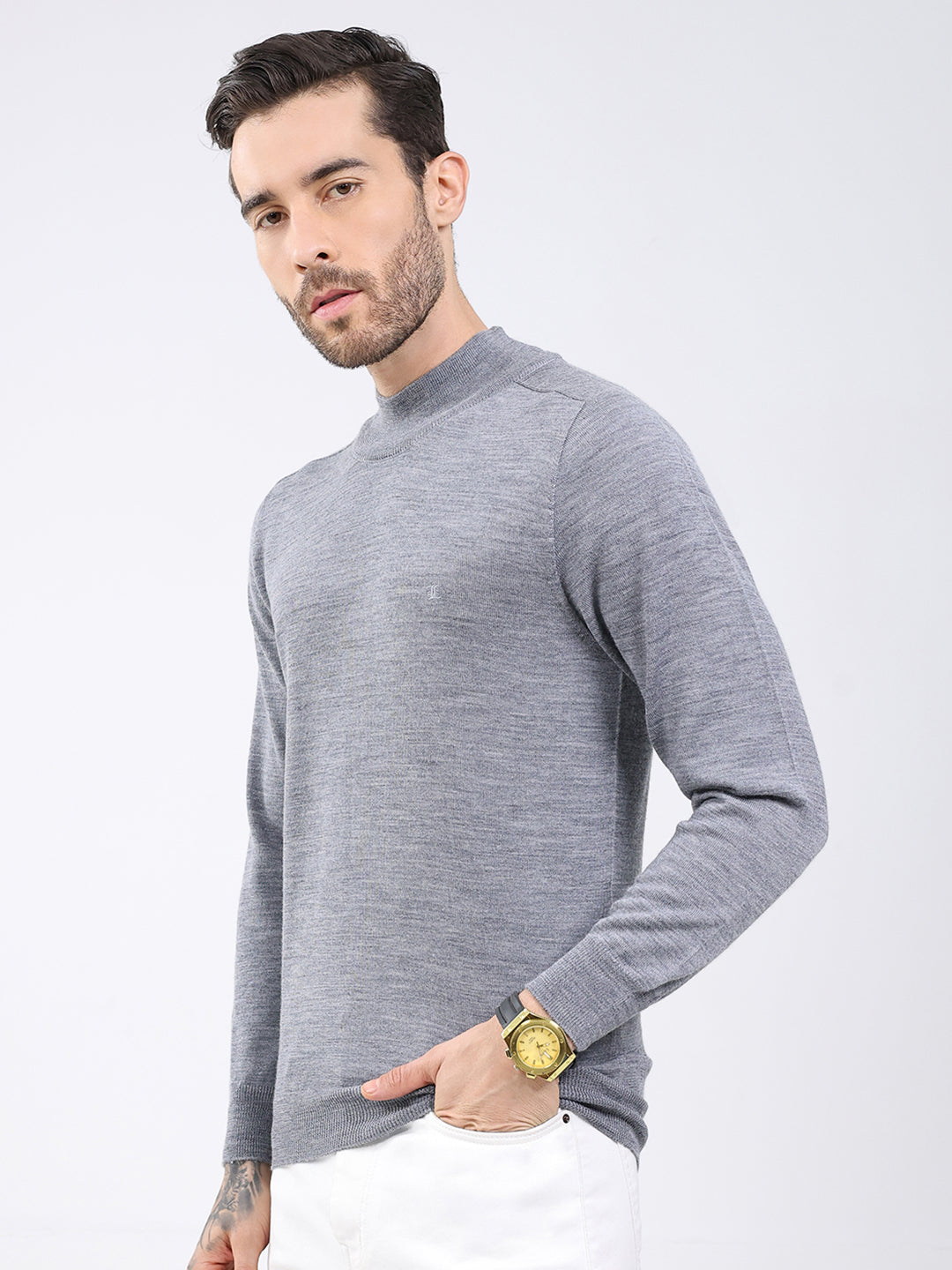 Luxuria Men Grey Solid High Neck Full Sleeve Pullover