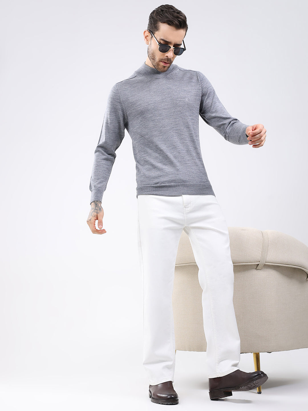 Luxuria Men Grey Solid High Neck Full Sleeve Pullover