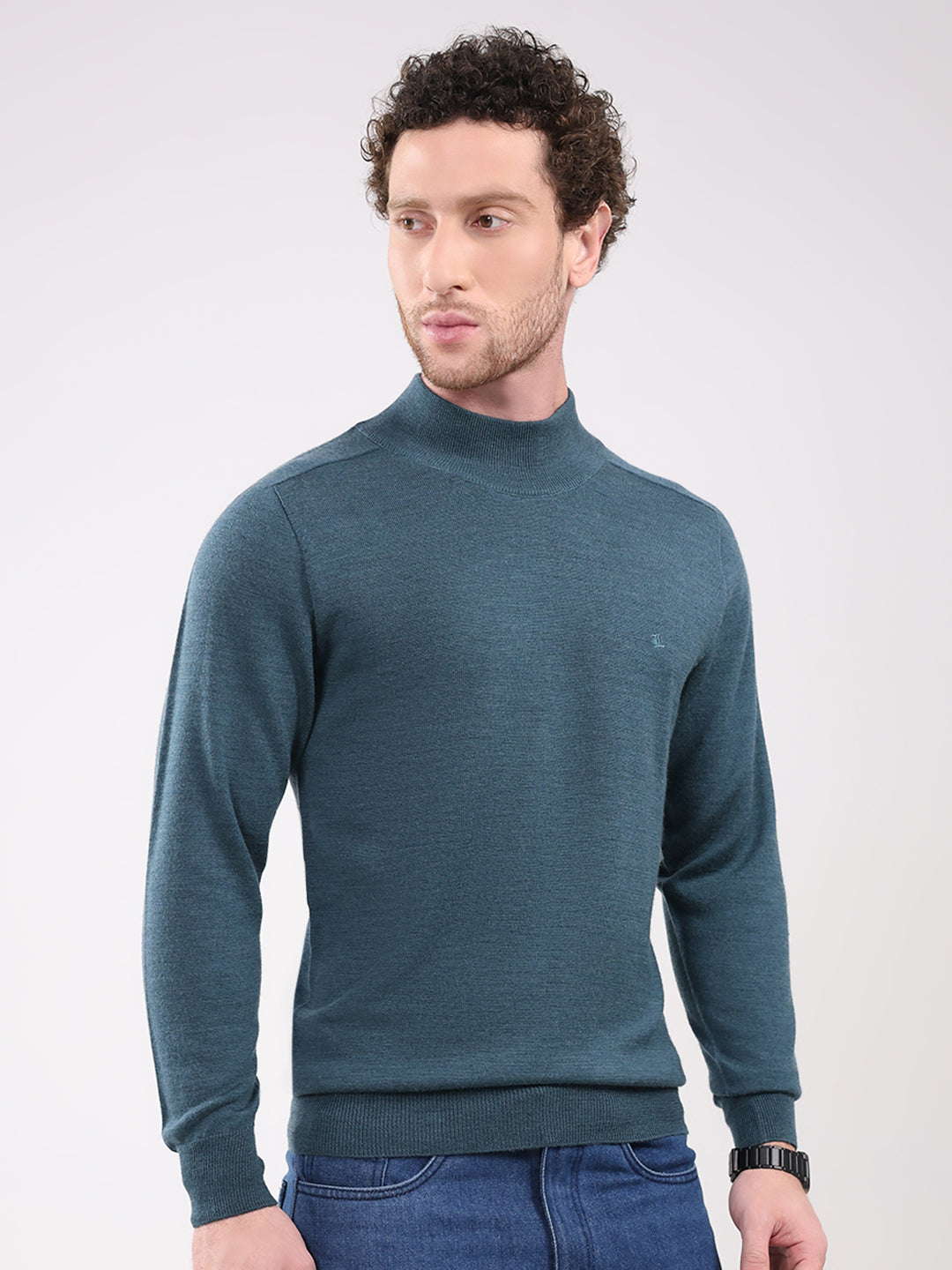 Luxuria Men Teal Blue Solid T Neck Full Sleeve Pullover