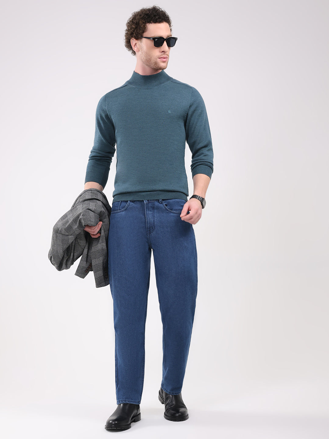 Luxuria Men Teal Blue Solid T Neck Full Sleeve Pullover