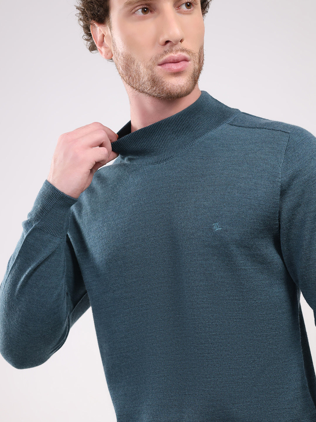 Luxuria Men Teal Blue Solid T Neck Full Sleeve Pullover