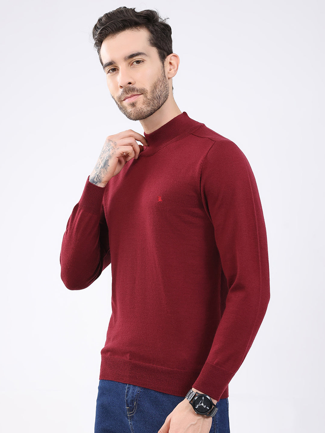 Luxuria Men Maroon Solid High Neck Full Sleeve Pullover