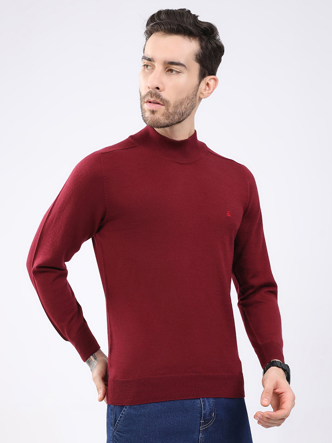 Luxuria Men Maroon Solid High Neck Full Sleeve Pullover
