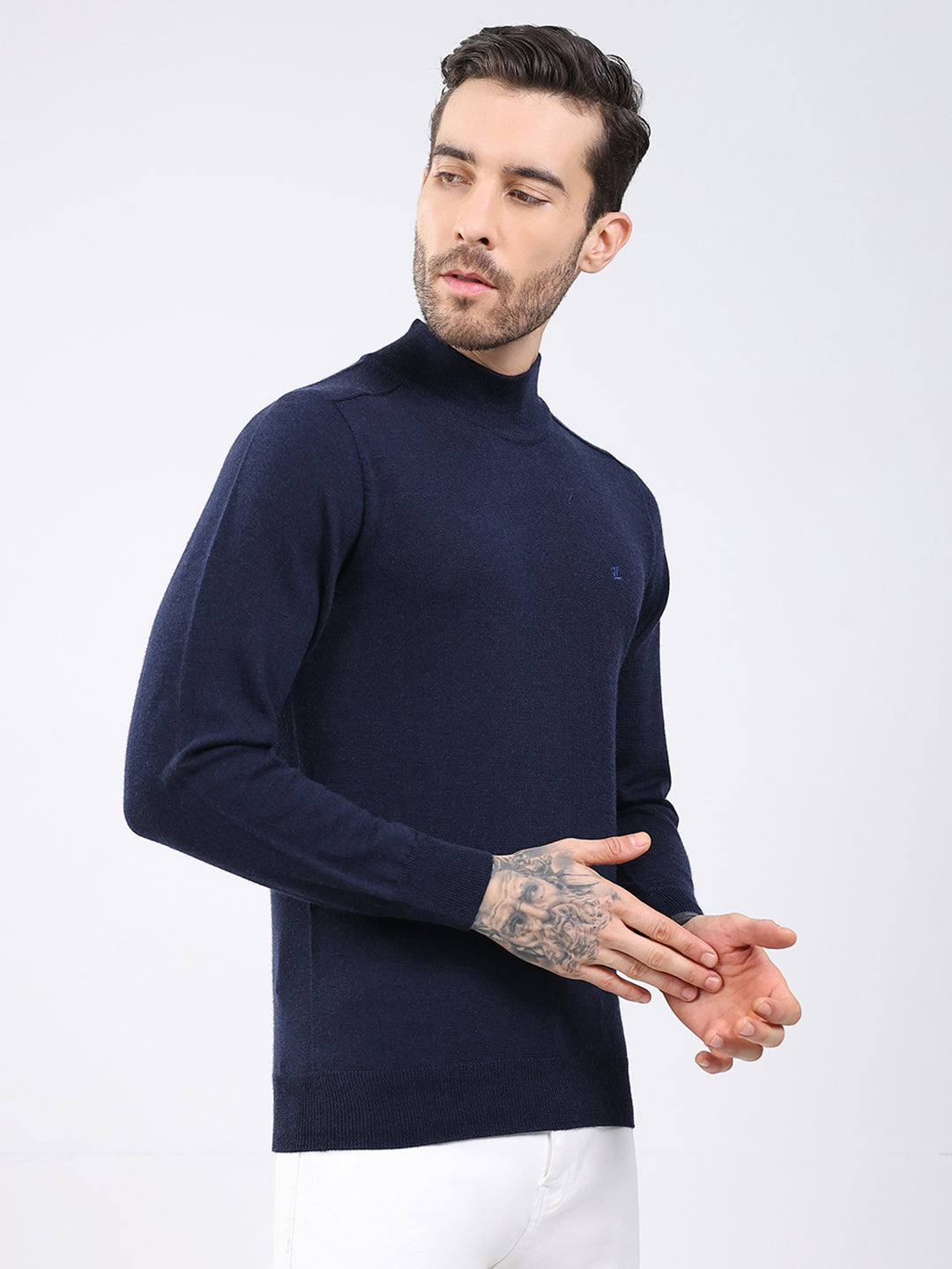 Luxuria Men Navy Blue Solid High Neck Full Sleeve Pullover