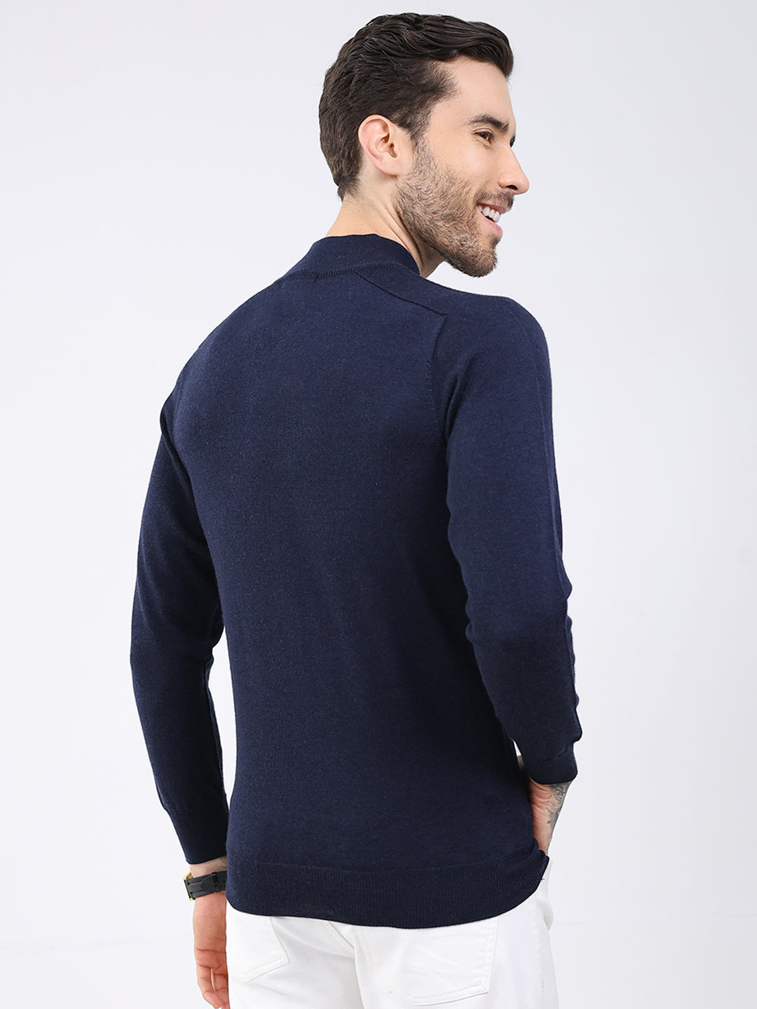 Luxuria Men Navy Blue Solid High Neck Full Sleeve Pullover