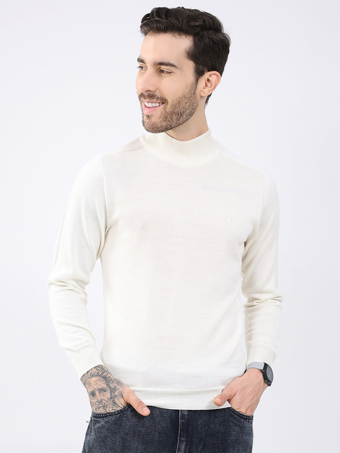 Luxuria Men White Solid High Neck Full Sleeve Pullover