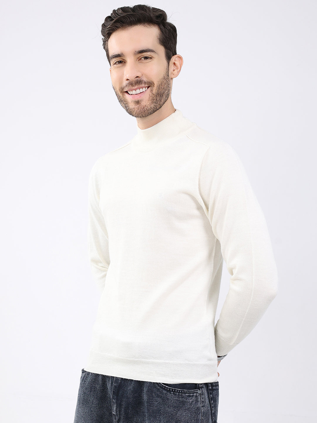Luxuria Men White Solid High Neck Full Sleeve Pullover