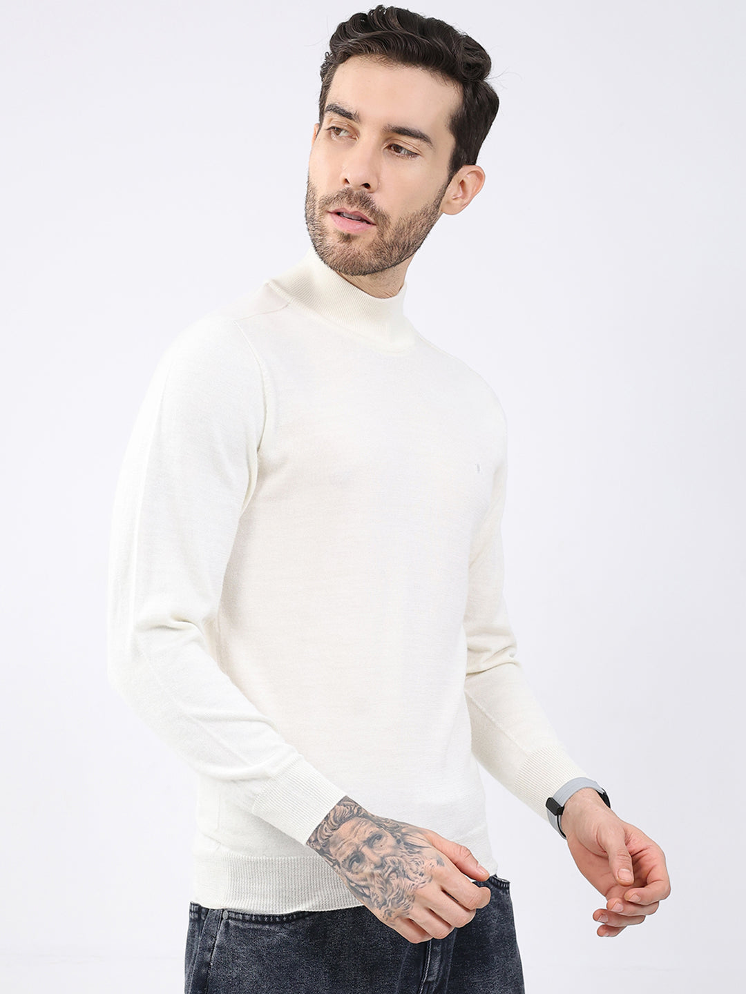 Luxuria Men White Solid High Neck Full Sleeve Pullover