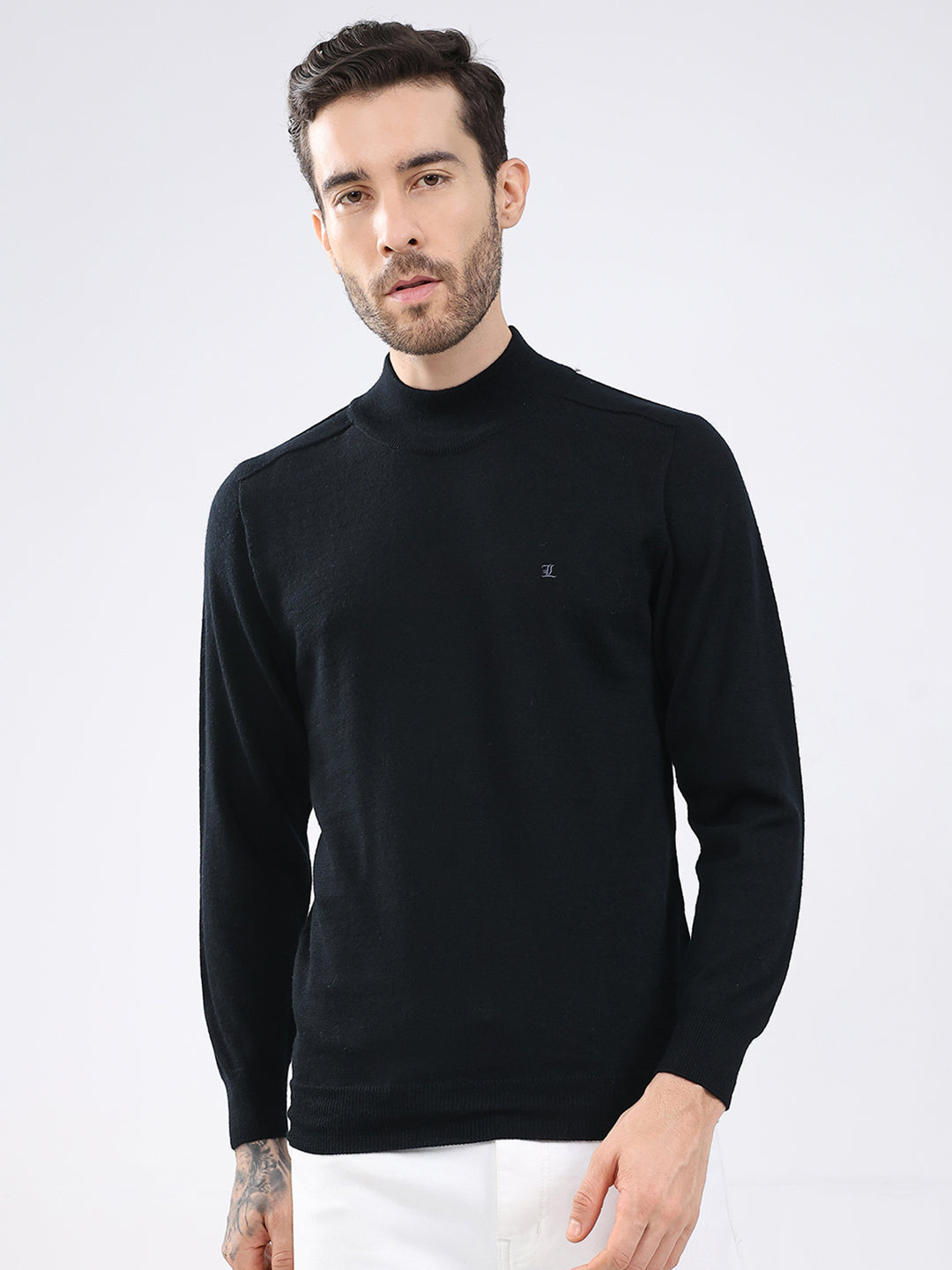 Luxuria Men Black Solid High Neck Full Sleeve Pullover